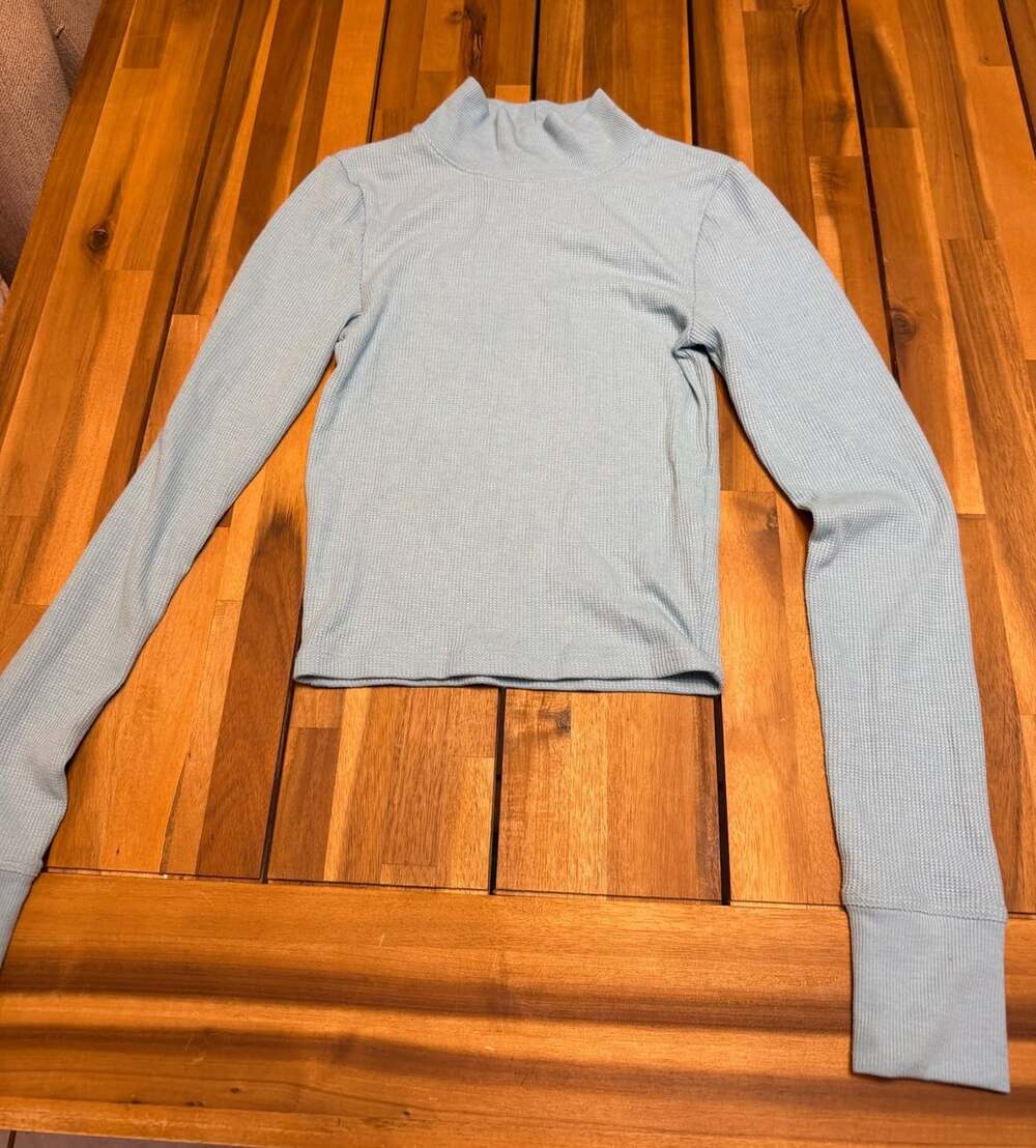 American Eagle Mock Neck Top Size XS Light Blue Waffle Knit